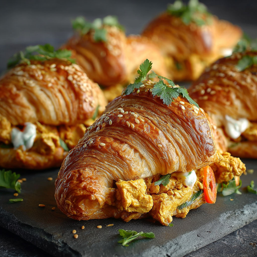 Mini croissants filled with a savory curry made with chicken and vegetables.