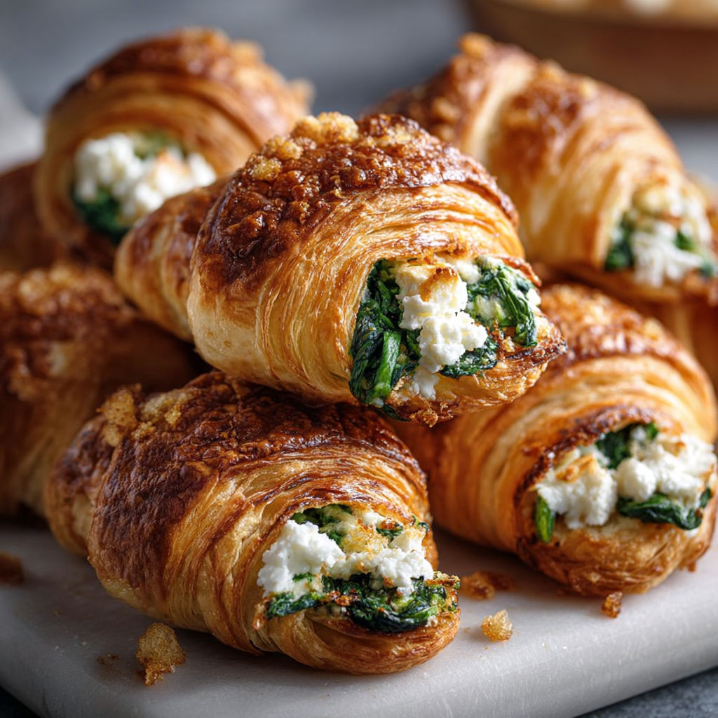 Des mini-croissants aux épinards et à la feta, présentés sur un plateau.
