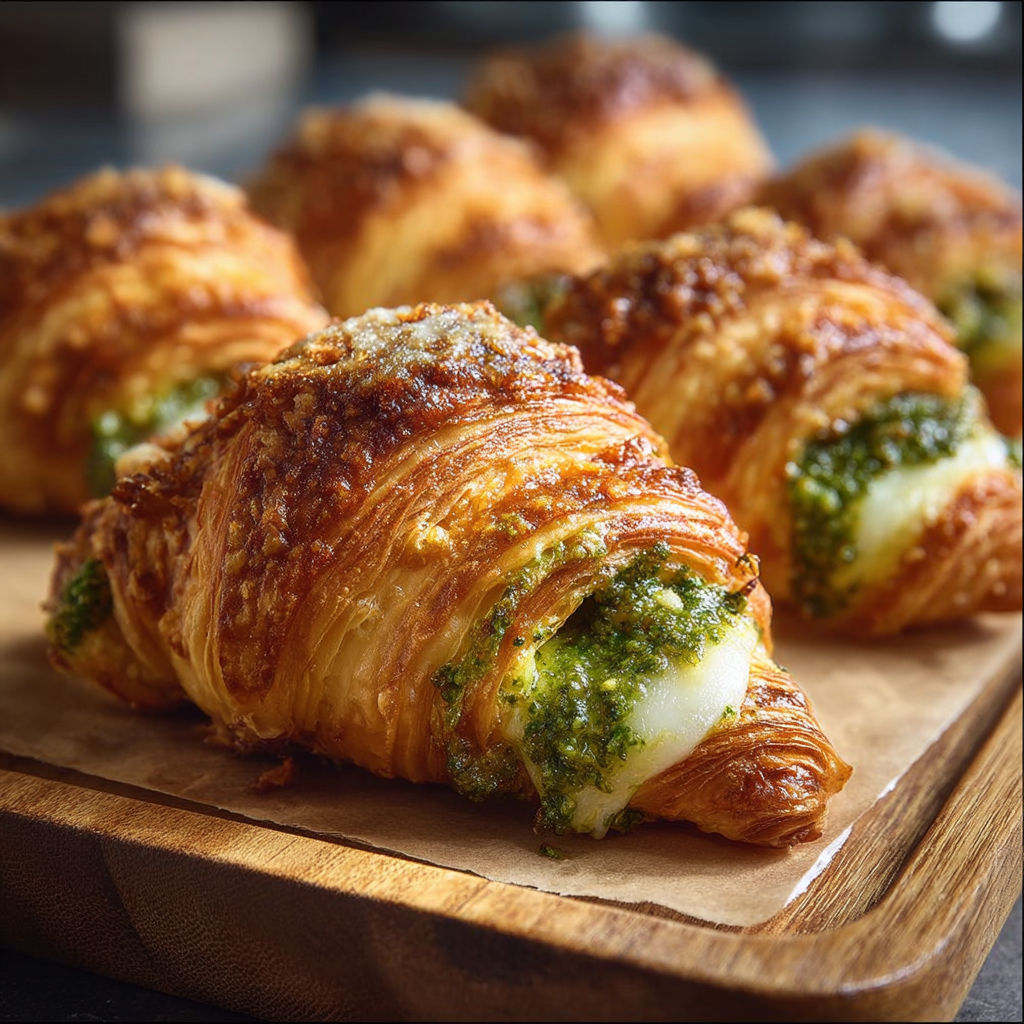 Mini croissants pesto et mozzarella sur une planche de bois.