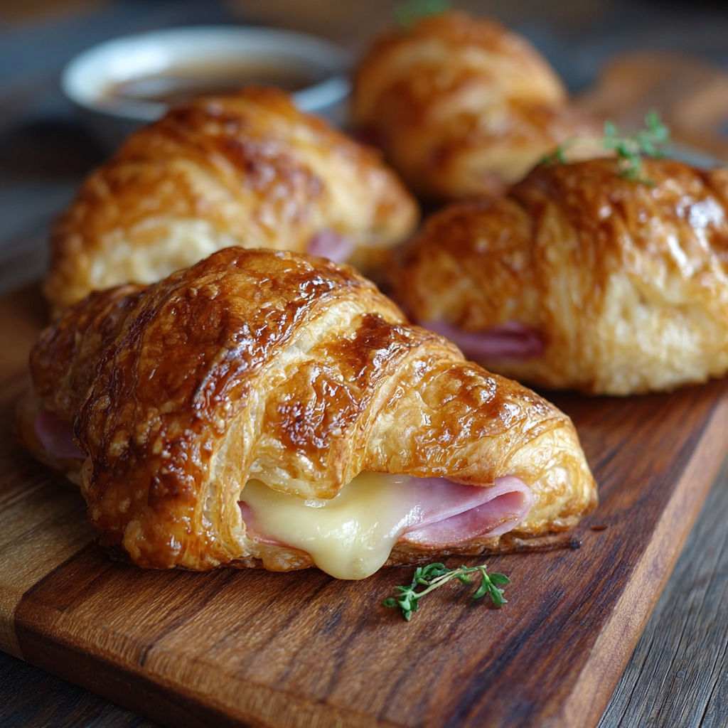Une tasse de sauce est servie avec des croissants au jambon et au fromage.