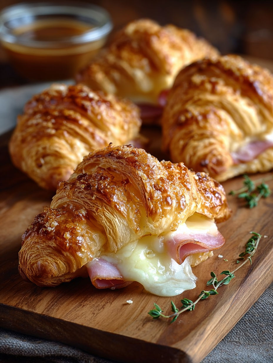 Une croissant au fromage et au jambon, sur un plateau de bois.
