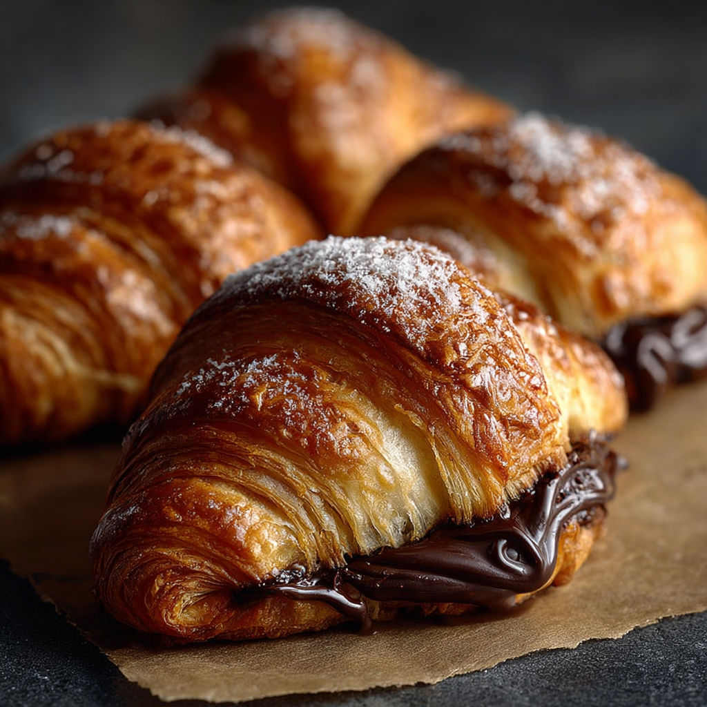 Des mini croissants au chocolat, garnis de sucre et de chocolat fondu, sont présentés sur une table.