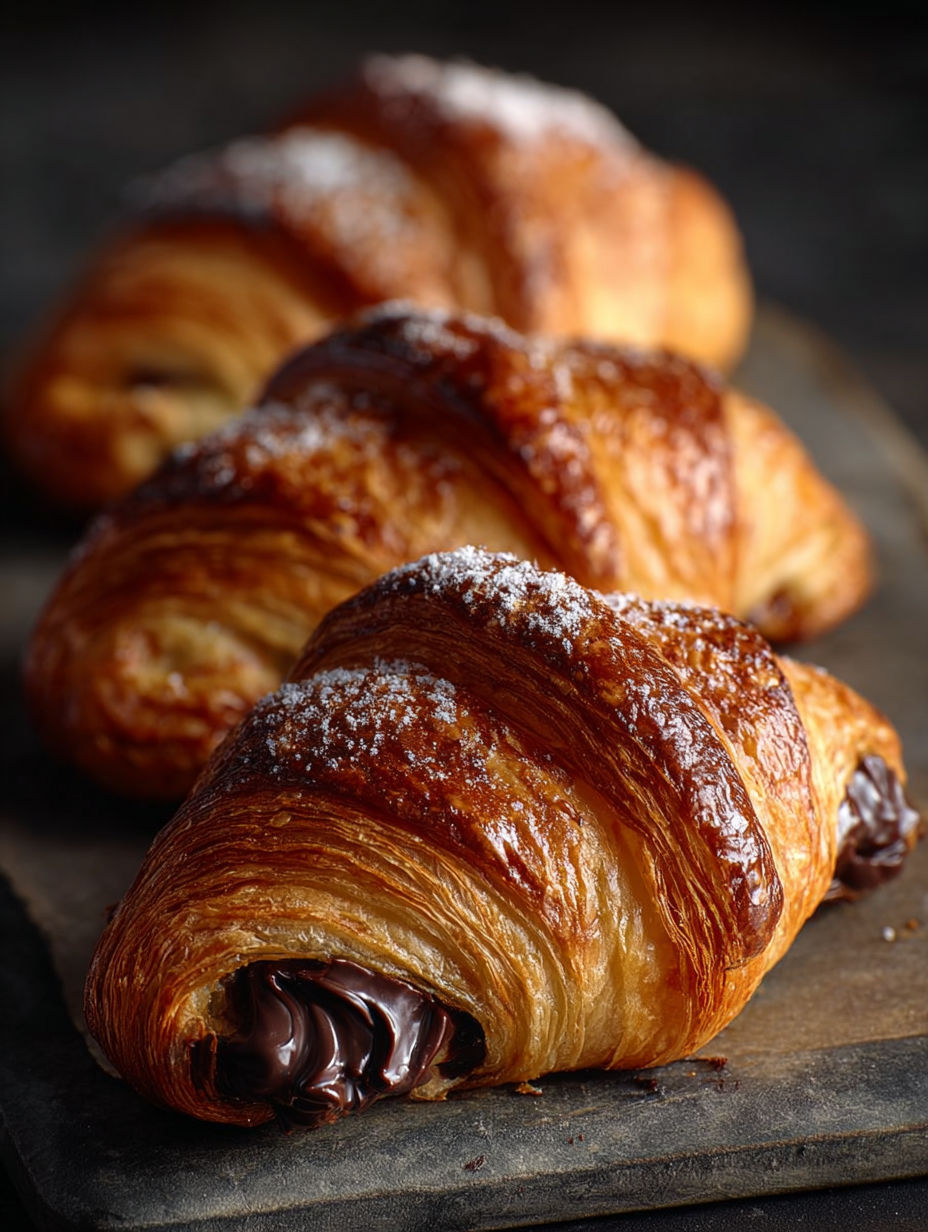Des mini croissants au chocolat, parfaitement dorés et sucrés, sont présentés sur une table.