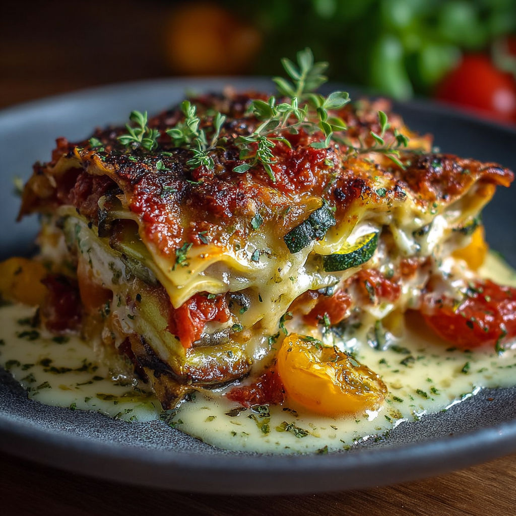 Un délicieux lasagnes du potager est servit sur un plateau en gris.