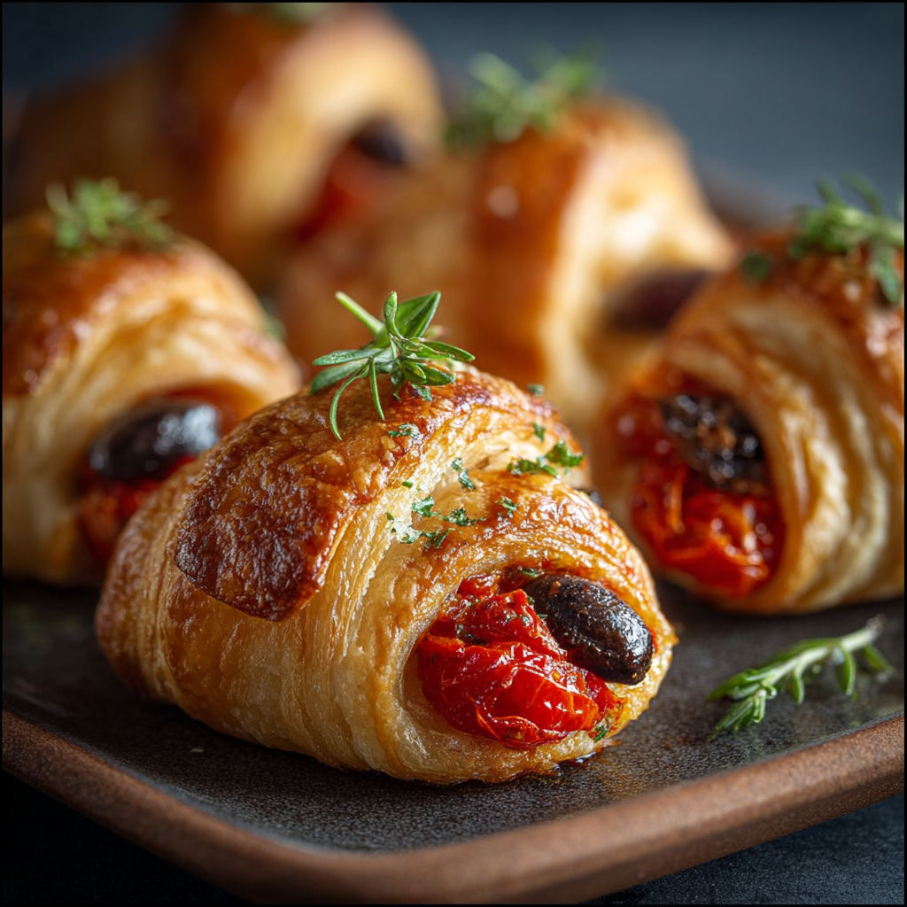 Une pâte feuilletée avec des tomates cerises et des herbes.