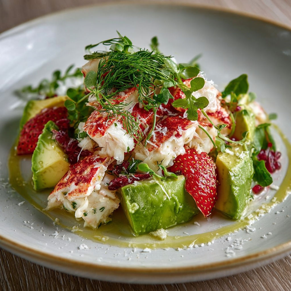 Une salade de crabe et avocat est servie sur un plateau en céramique.