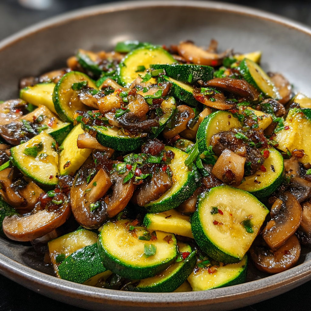 Une assiette de courgettes et champignons sautés dans une sauce.
