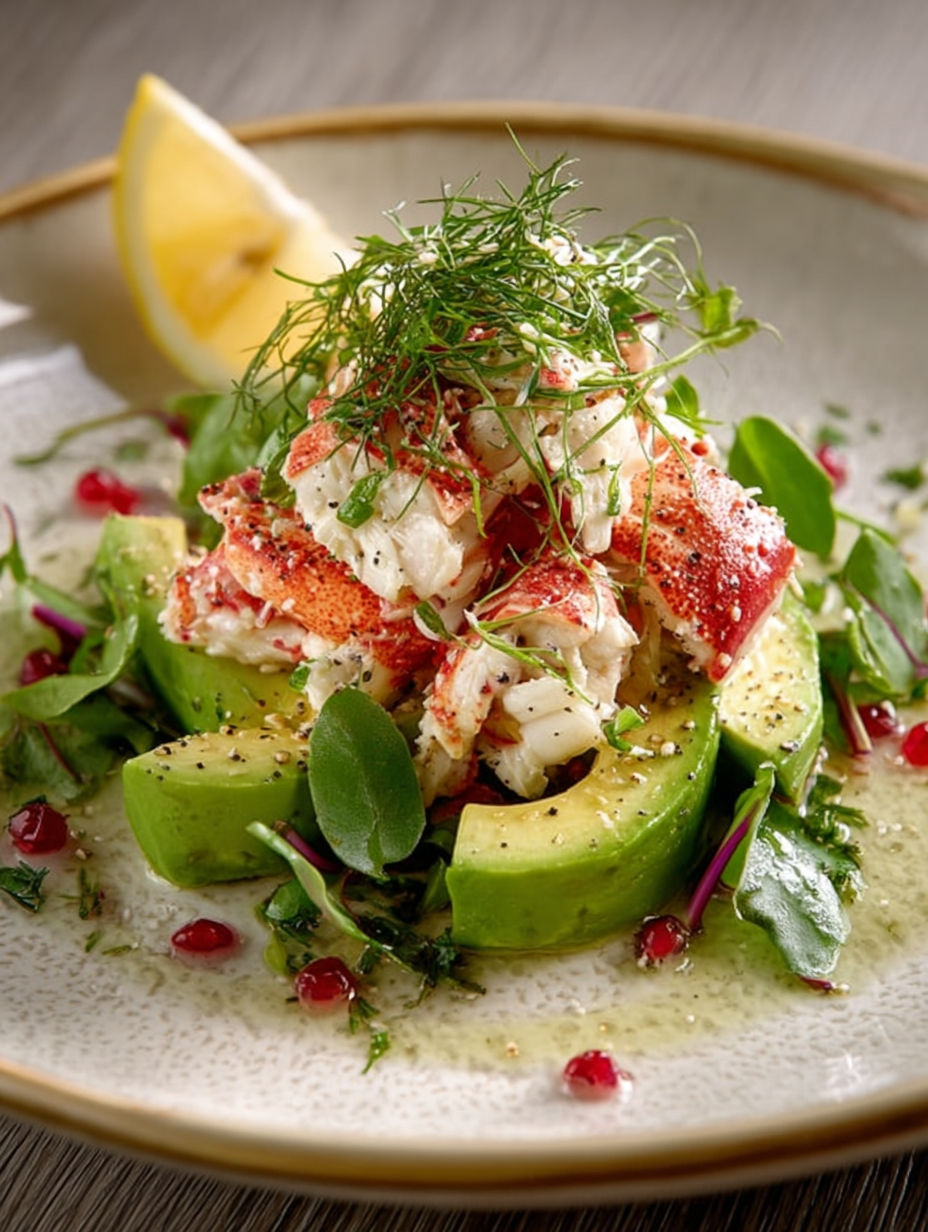 Une salade de crevettes et avocat avec une sauce au citron.