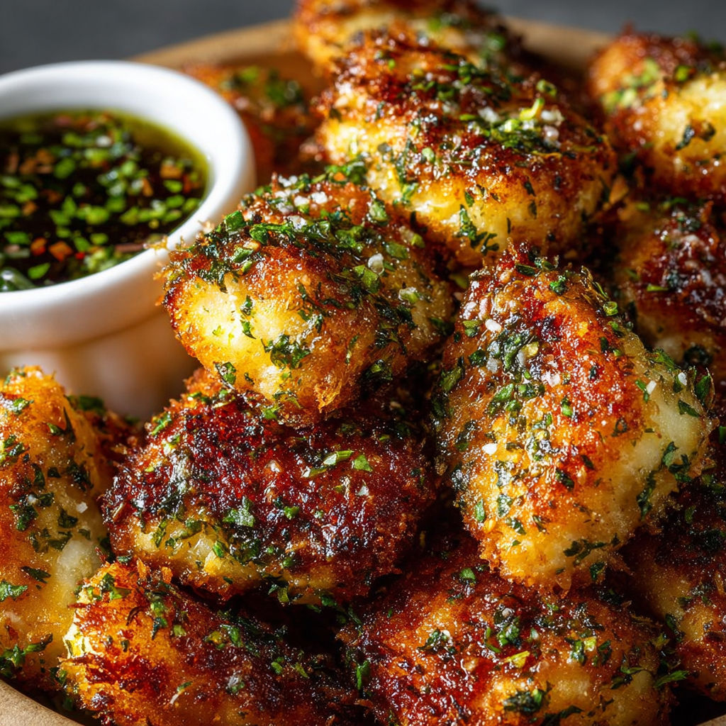 Nuggets de poulet à l'ail et aux herbes bien dorés.