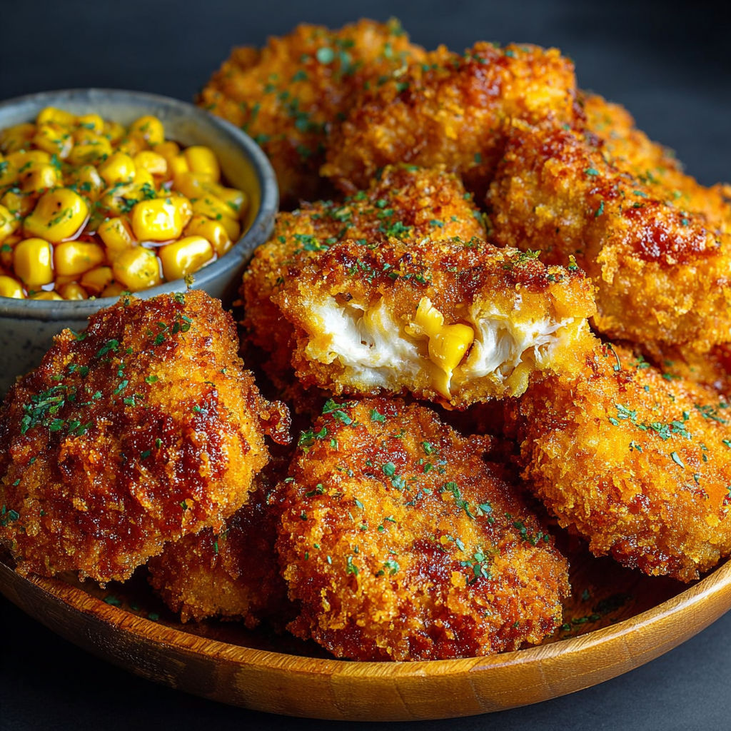 Nuggets de poulet et maïs dorés servis avec des légumes frais.