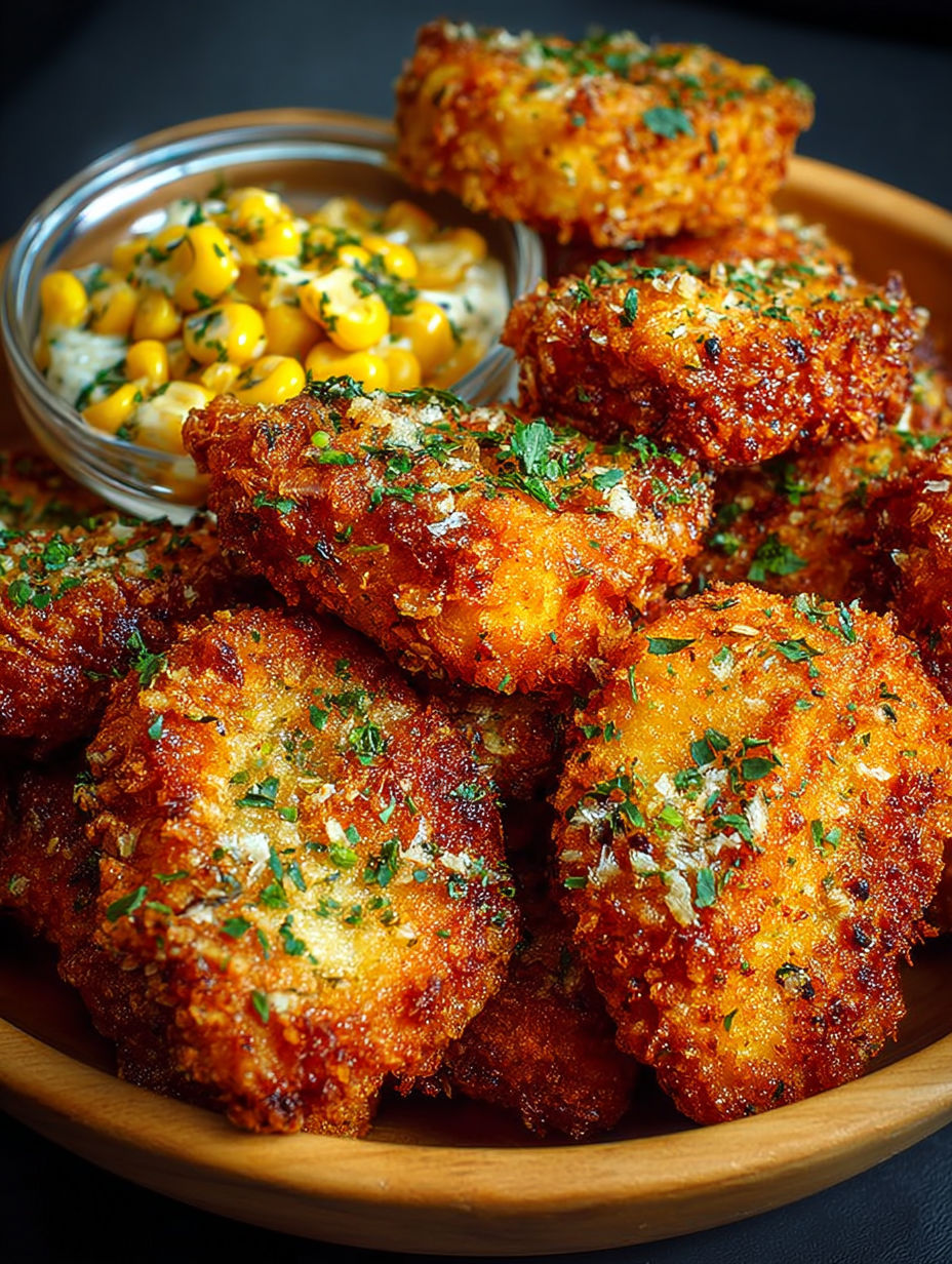 Nuggets de poulet et maïs maison croustillants avec garniture d'herbes.