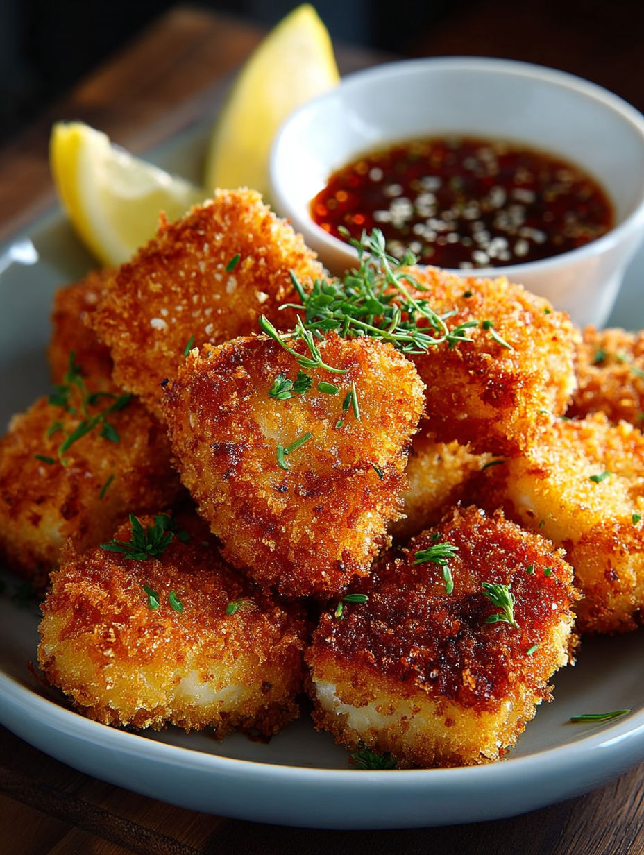 Bouchées de poisson panées dorées avec quartiers de citron.