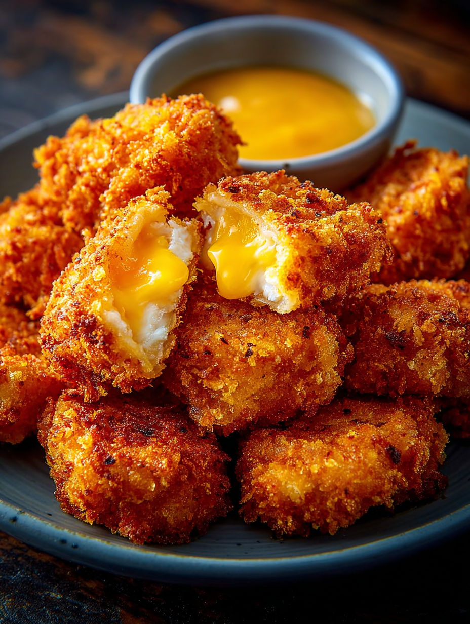 Nuggets de poulet au fromage bien dorés servis avec une sauce onctueuse.