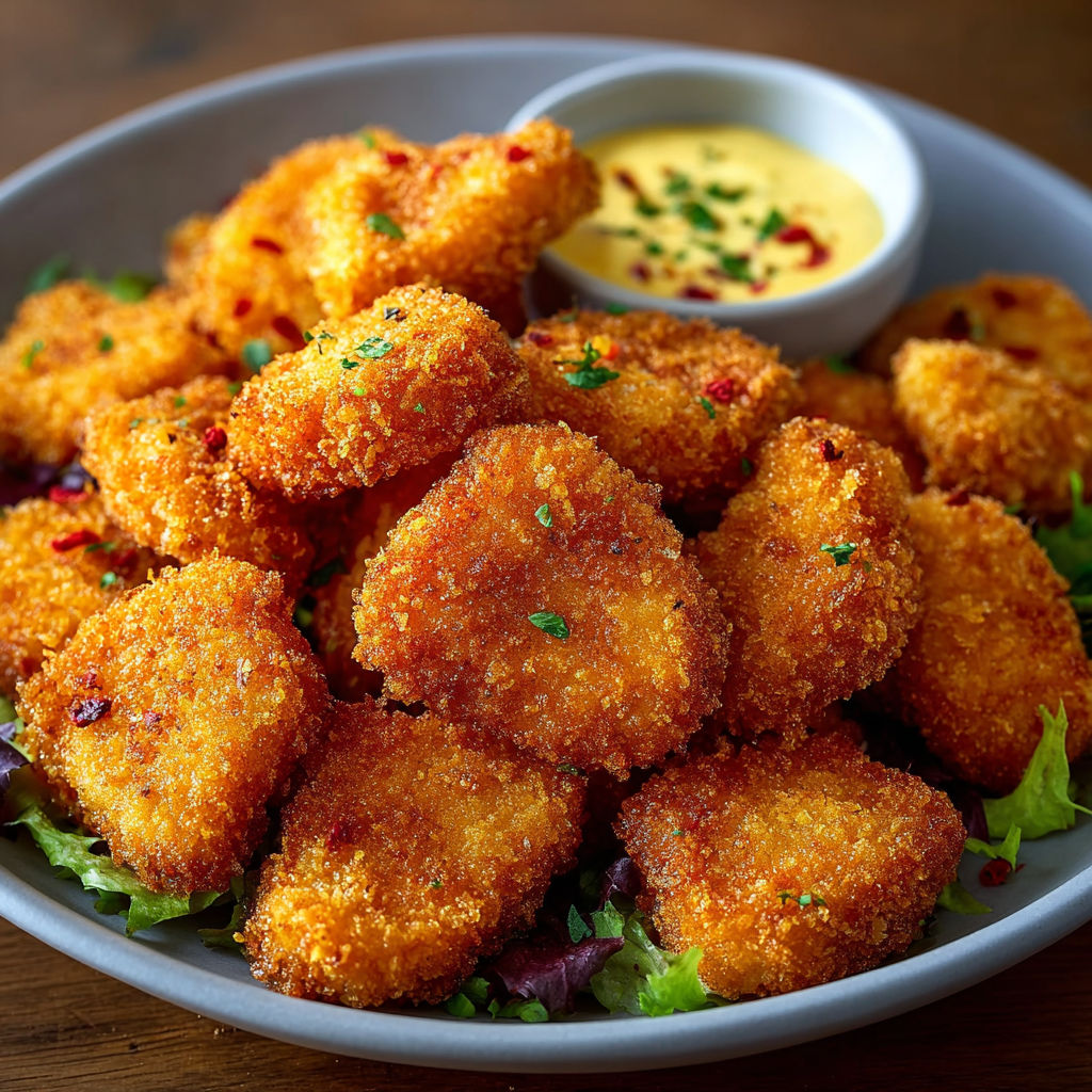 Une recette de nuggets de poulet croustillants servis avec une sauce.