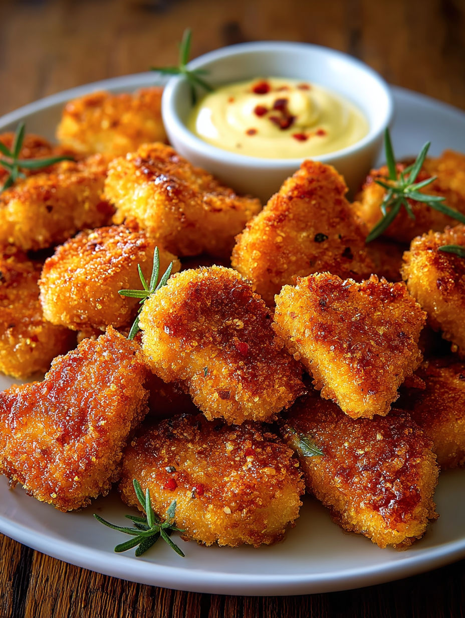 Nuggets de poulet maison bien dorés avec sauce dip.