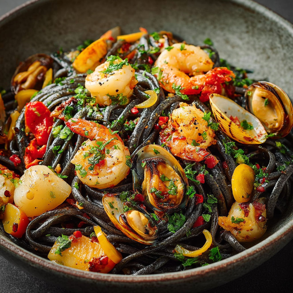 Une assiette de pâtes à l'encre de seiche et fruits de mer, avec des tomates, des oignons, des clams et des épinards.