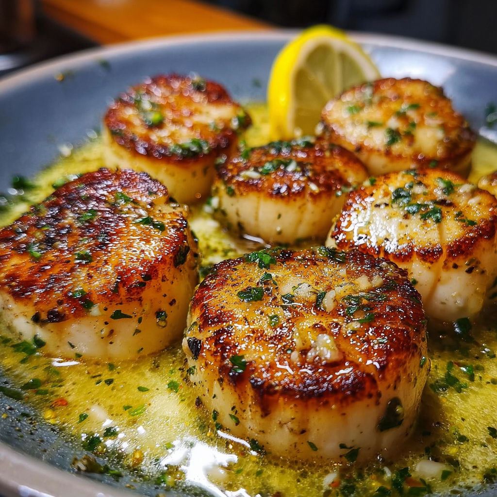 Saint-Jacques Sautées au Beurre et Citron - Des coquilles Saint-Jacques sautées dans une sauce au beurre et au citron, accompagnées de herbes fraîches.