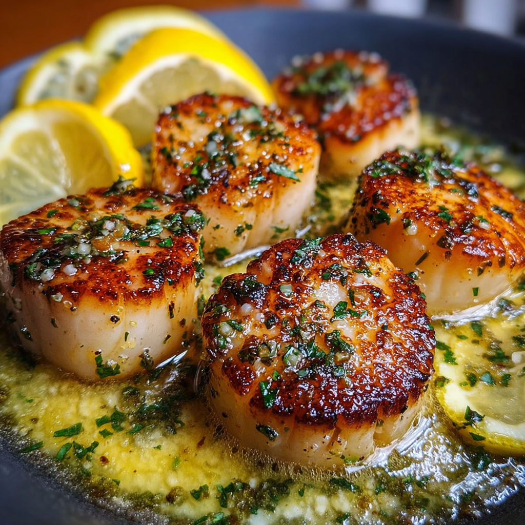 Saint-Jacques Sautées au Beurre et Citron - Des moules Saint-Jacques sautés dans une sauce au beurre et citron, accompagnés de citrons et de herbes.