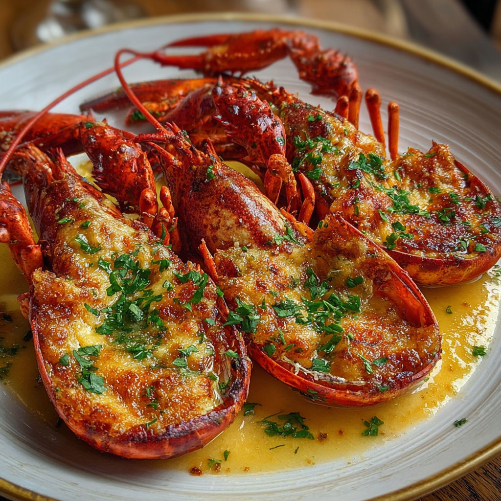 Une assiette de homard Thermidor simplifié, avec des herbes et des légumes, est servie sur une table.