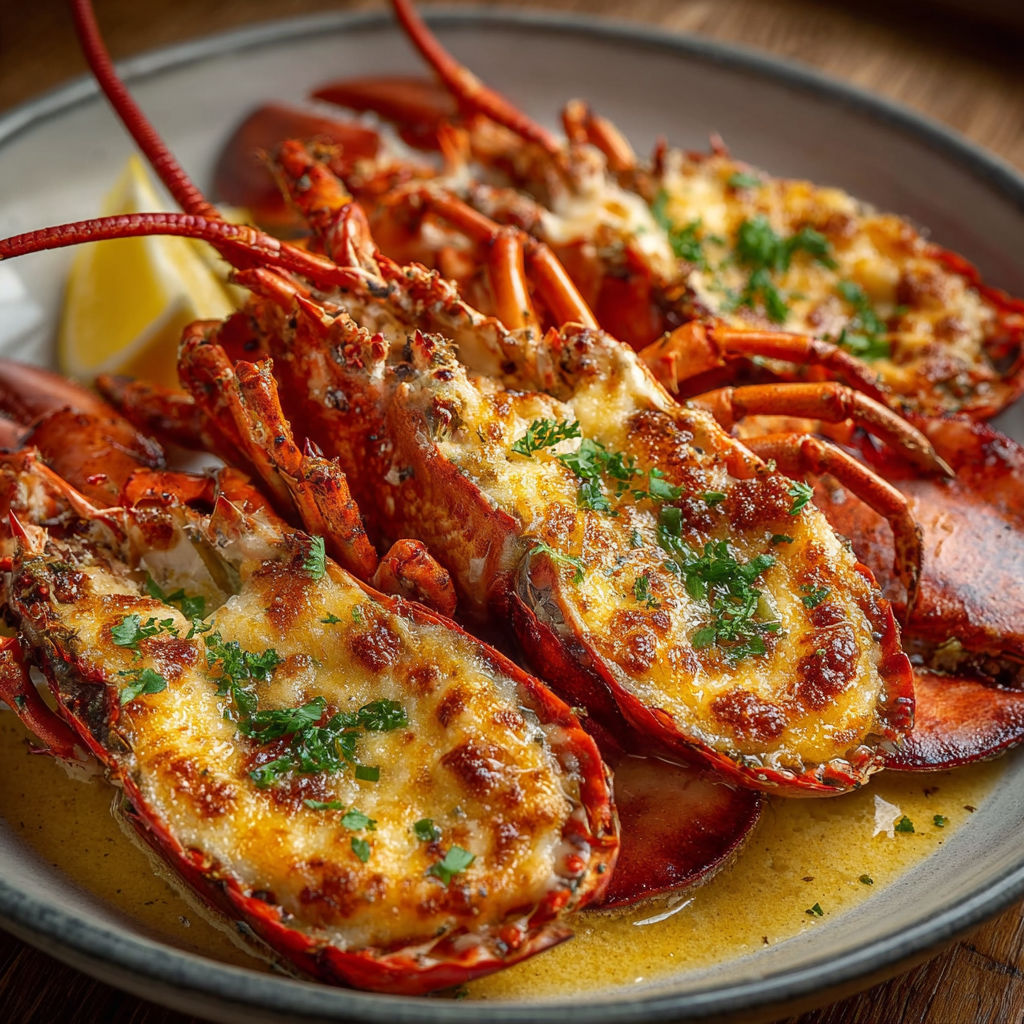 Plate of cooked lobster with lemon and herbs.