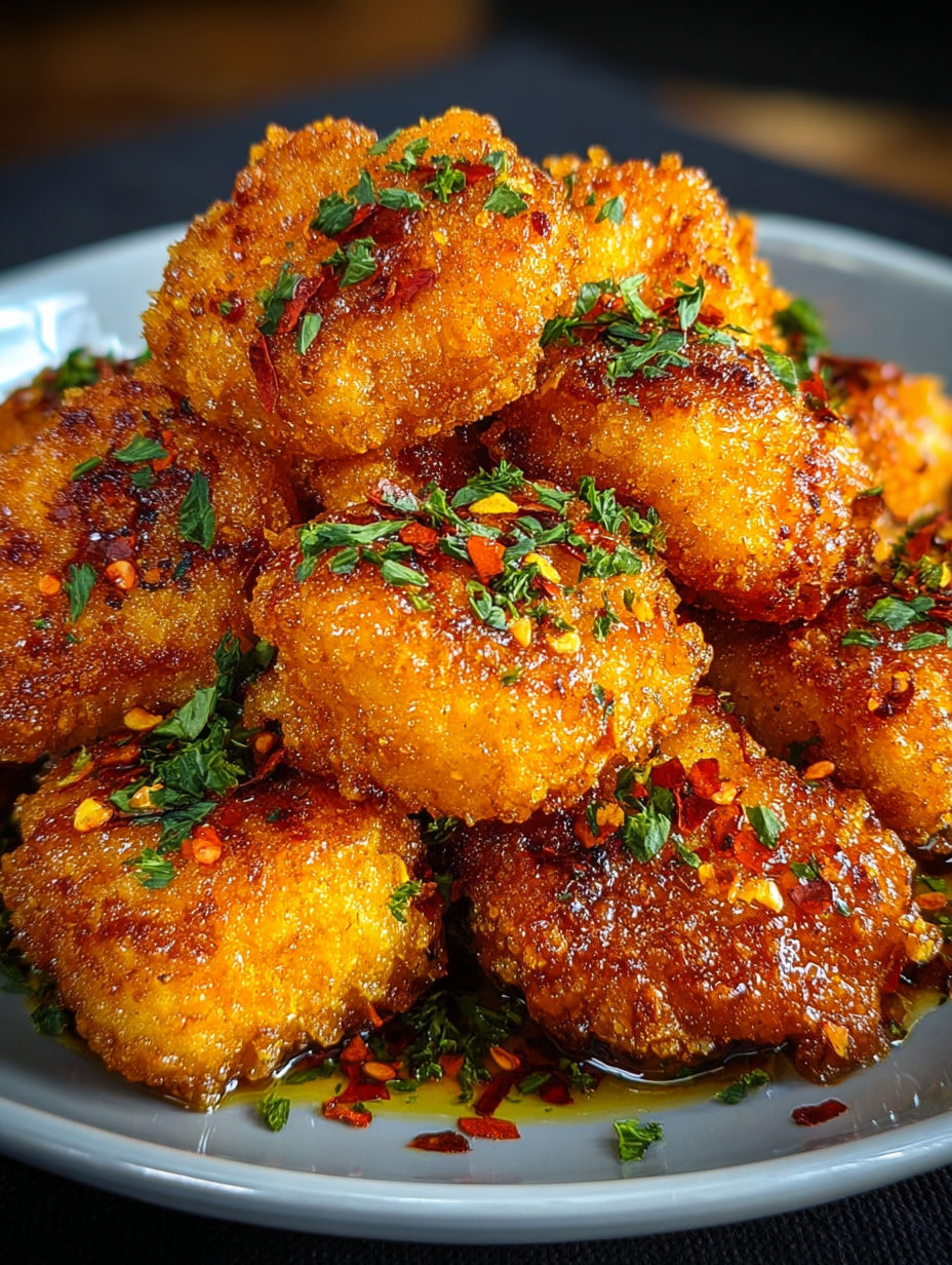 Pile de nuggets de poulet croustillants et épicés.