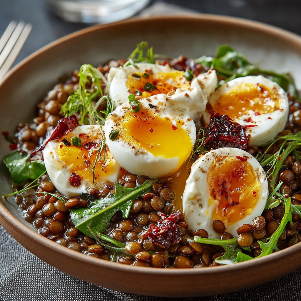 Une salade tiède de lentilles et d'œufs mollets, servie dans un bol.