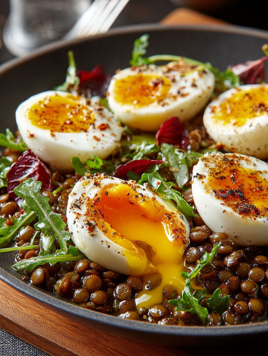 Salade tiède de lentilles et d'œufs mollets avec herbes fraîches.