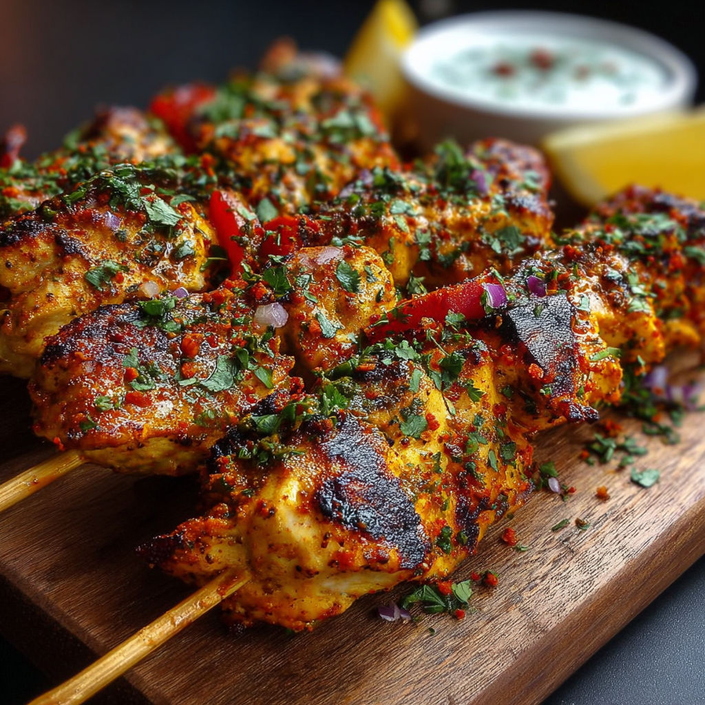 Des brochettes de poulet tikka sur une planche de bois.