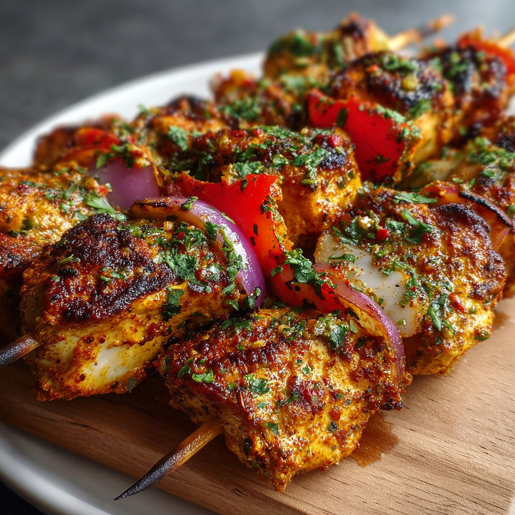 Brochettes de poulet tikka grillées servies avec des herbes fraîches.