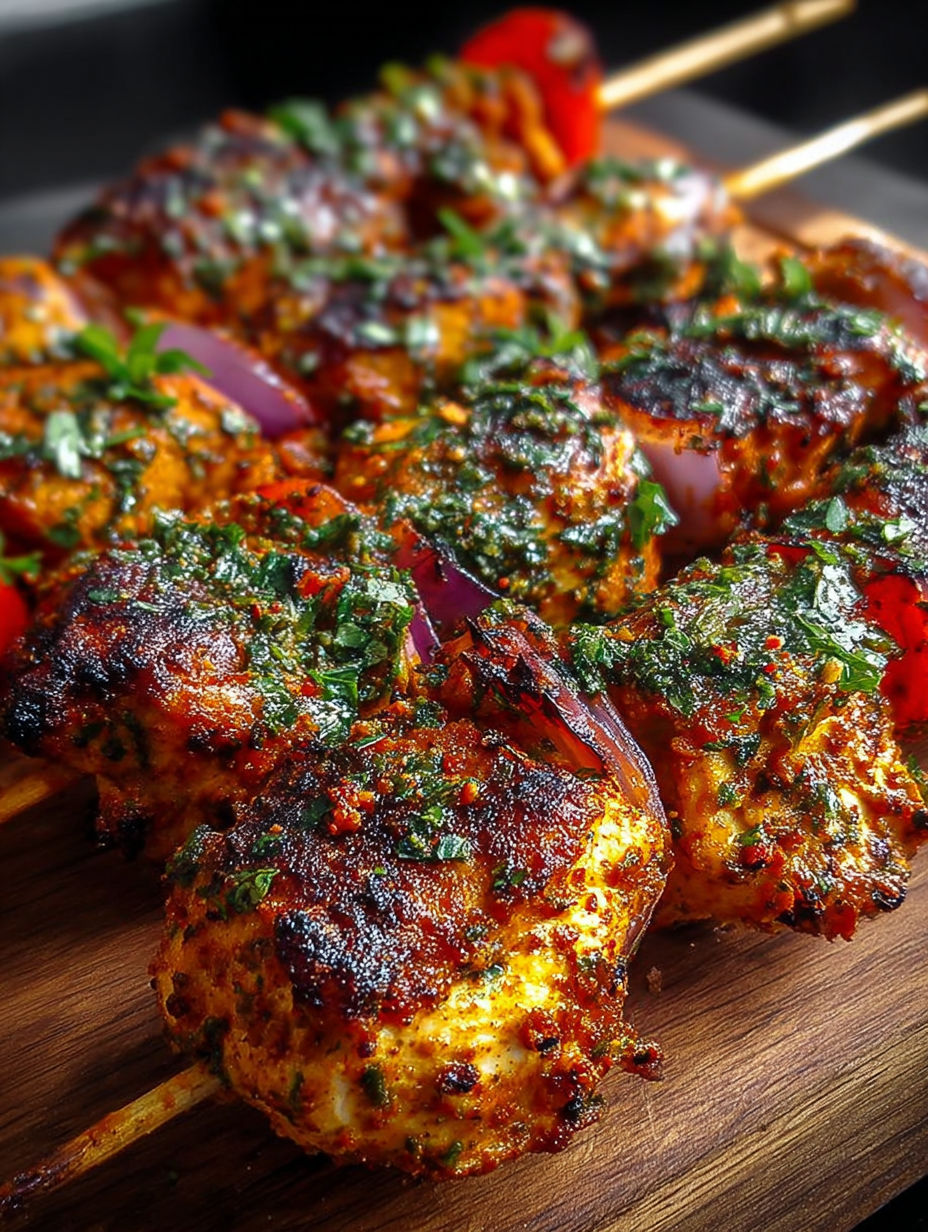 Kebab de poulet tikka grillé avec des épices et garniture verte.