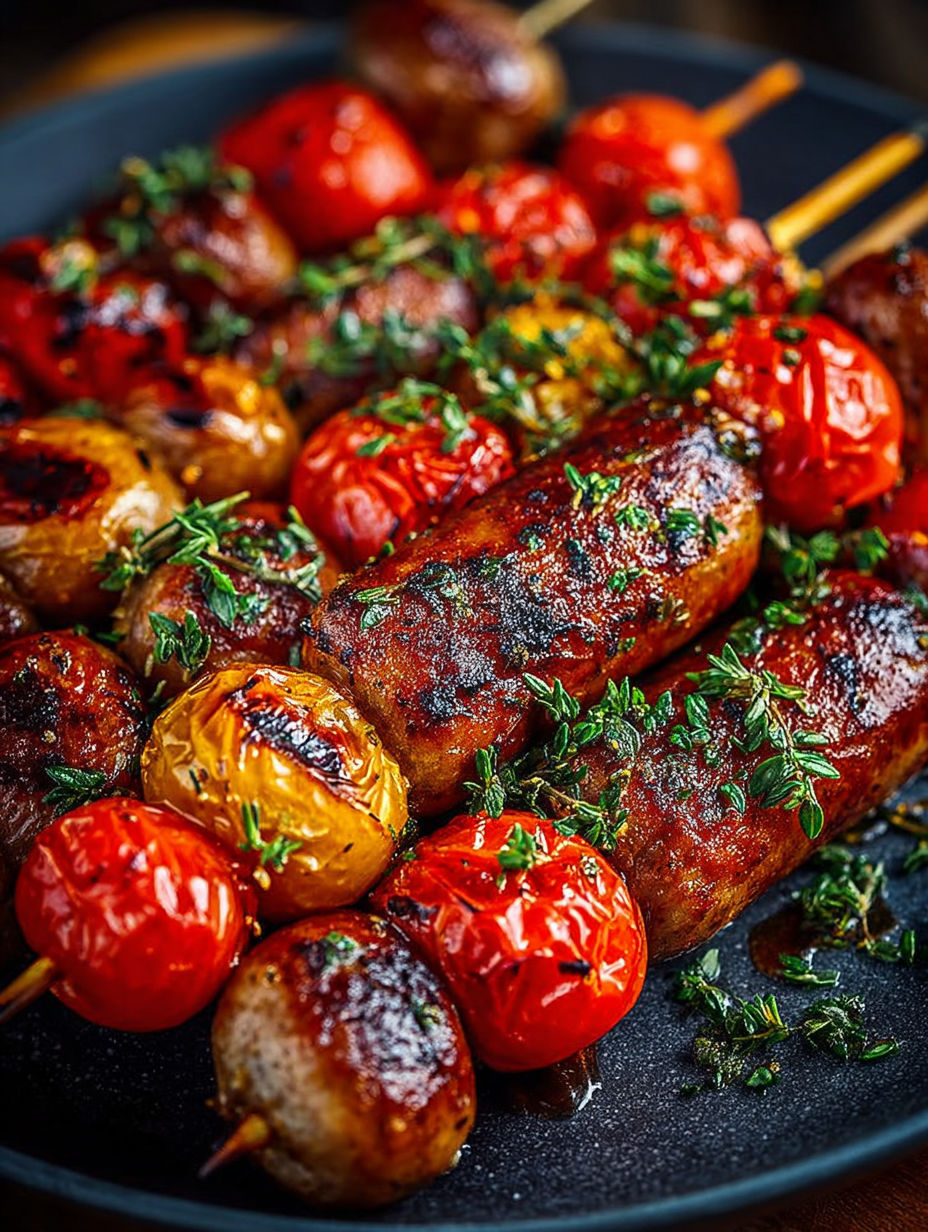 Gros plan sur des brochettes de saucisses grillées avec une sauce.