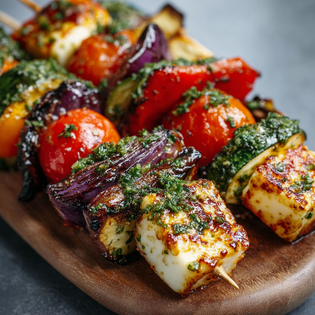 Une plaque de bois avec des brochettes de légumes et de halloumi, prêts à être grillées.