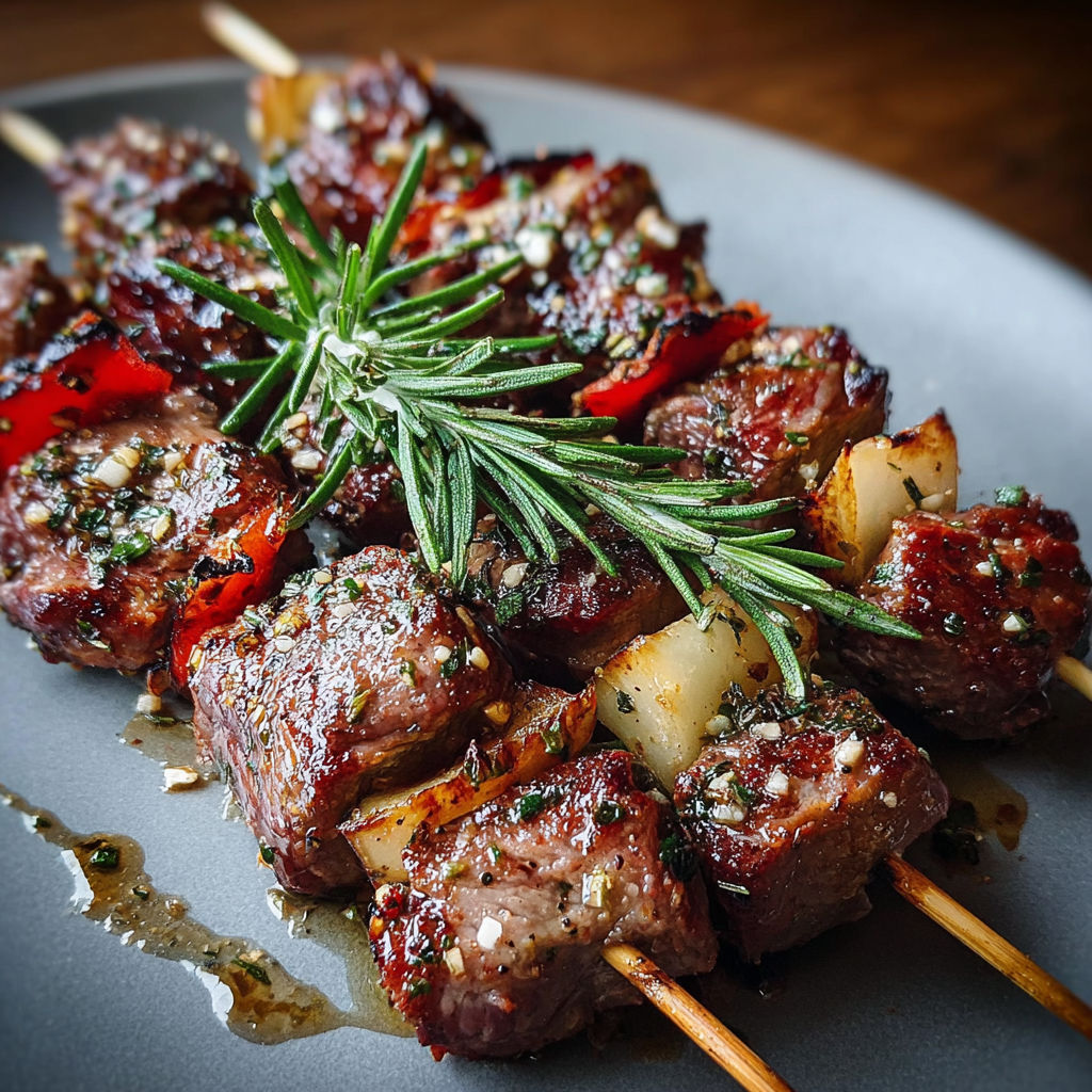Des brochettes d'agneau au romarin, garnies de persil et de pâte, sont servies sur une assiette.