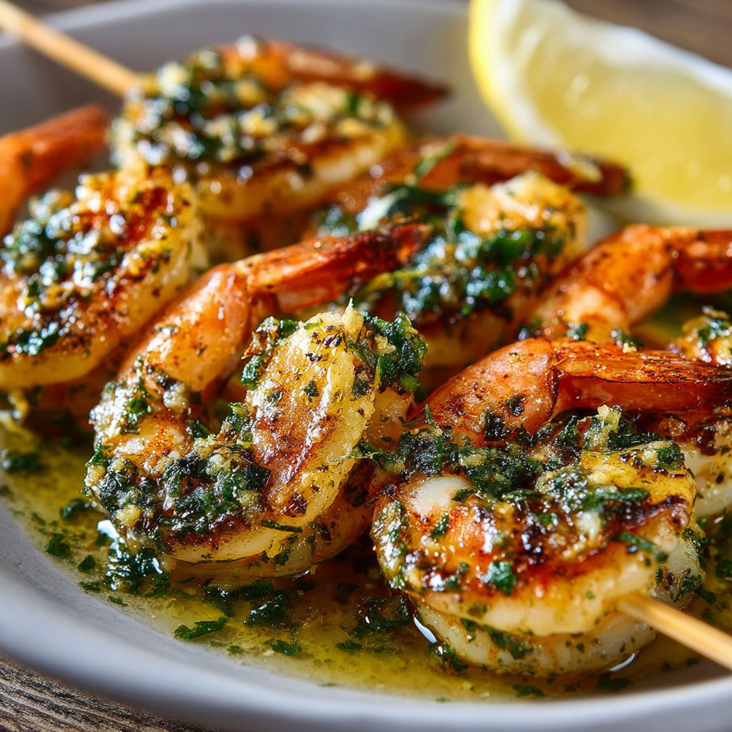 Brochettes de Crevettes au Beurre à l'Ail - Des brochettes de crevettes grillées avec une sauce au beurre et à l'ail, servies sur un plateau.