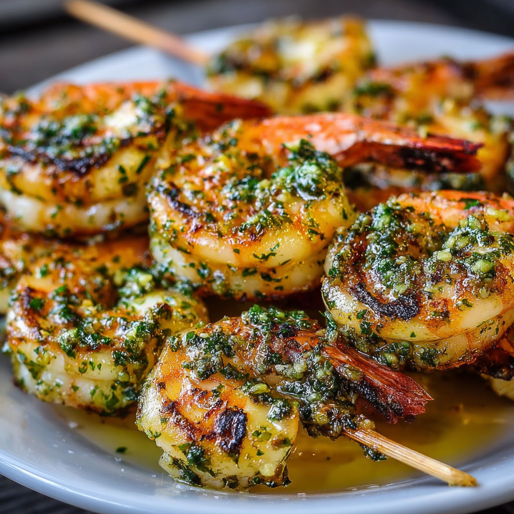 Brochettes de crevettes au beurre d'ail sur une assiette blanche.