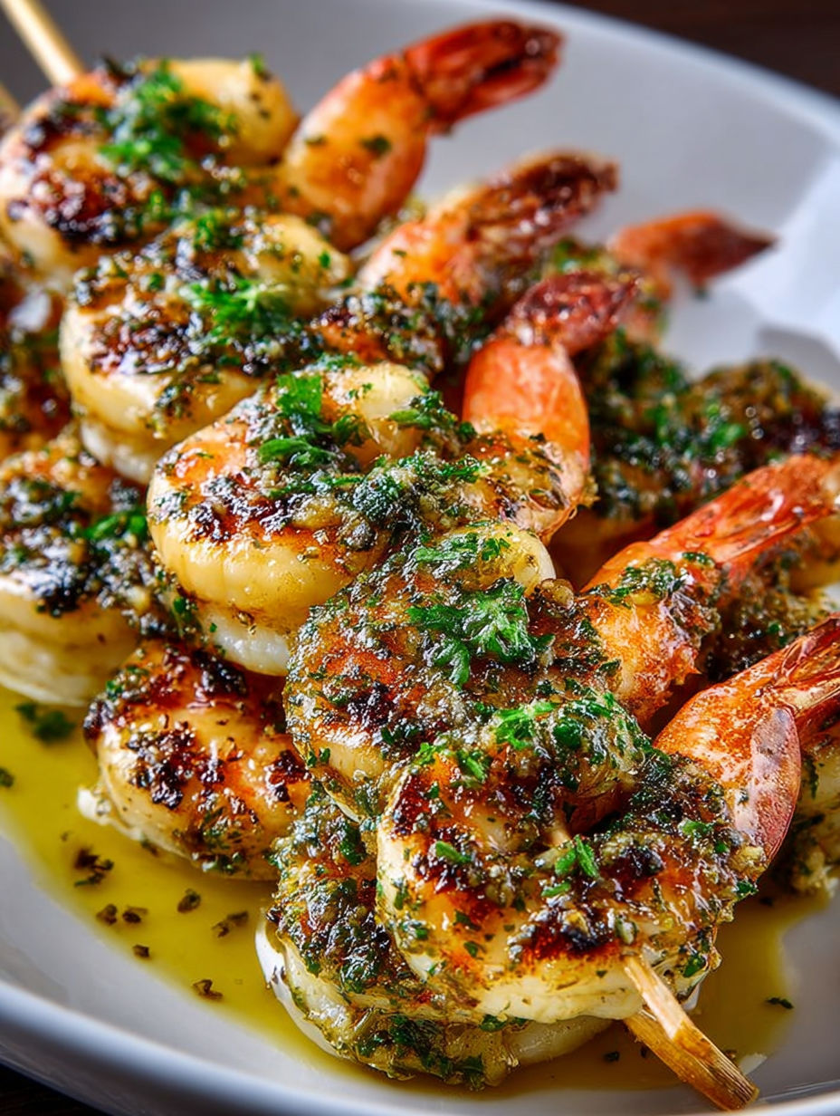 Crevettes avec une sauce relevée présentées sur une assiette.