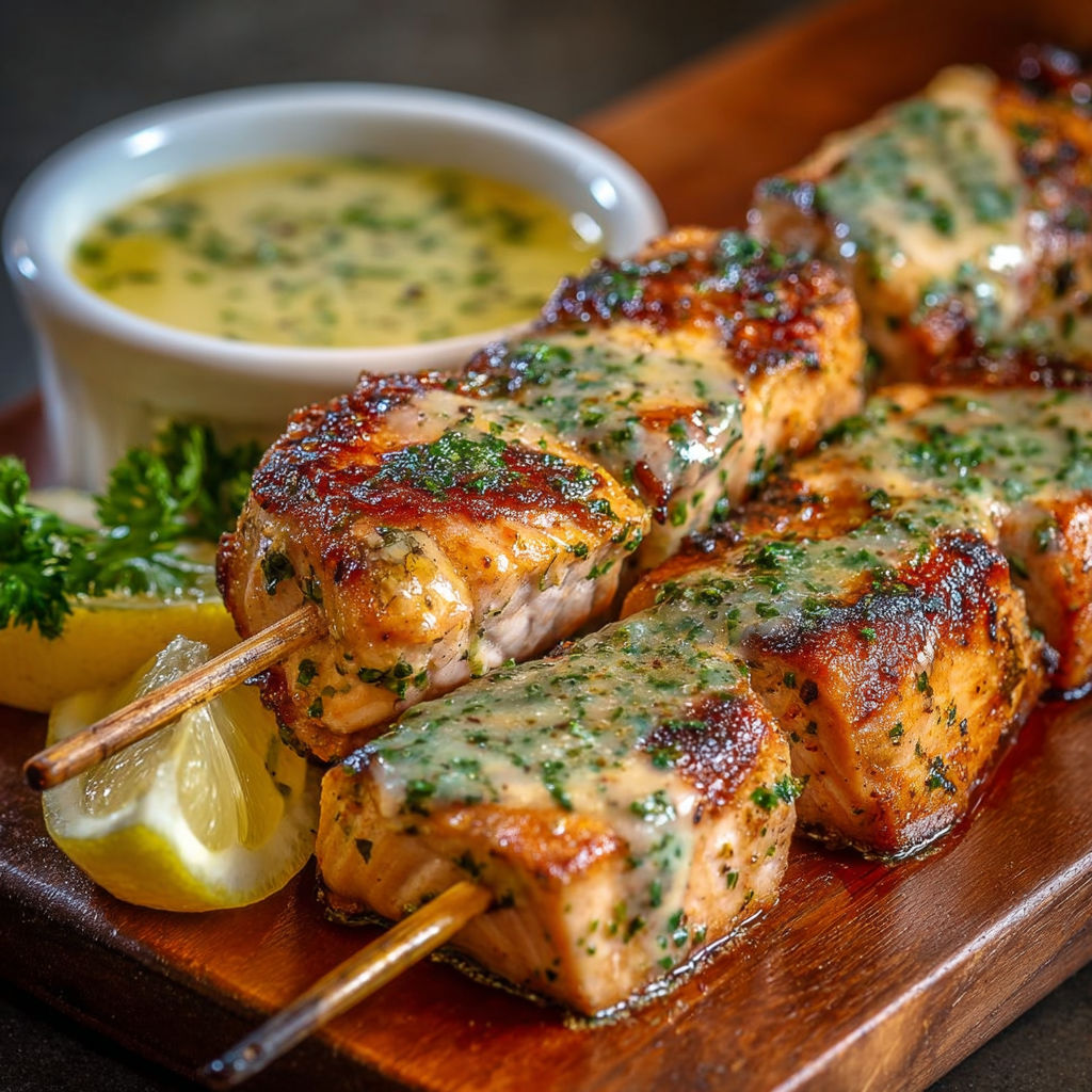 Brochettes de Saumon au Citron - Des brochettes de saumon grillé avec une sauce citron et des herbes, servis sur une table.