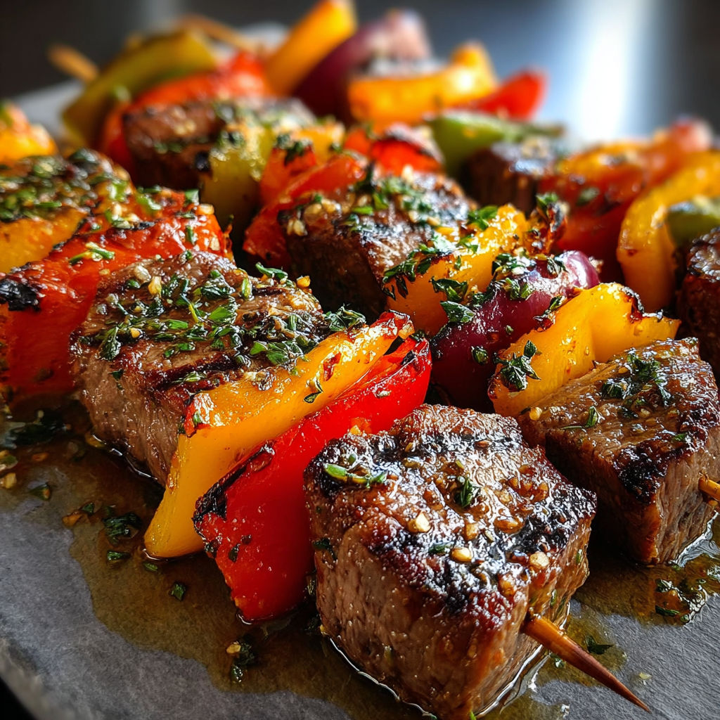 Brochettes de bœuf grillées aux poivrons et marinade miel-soja.