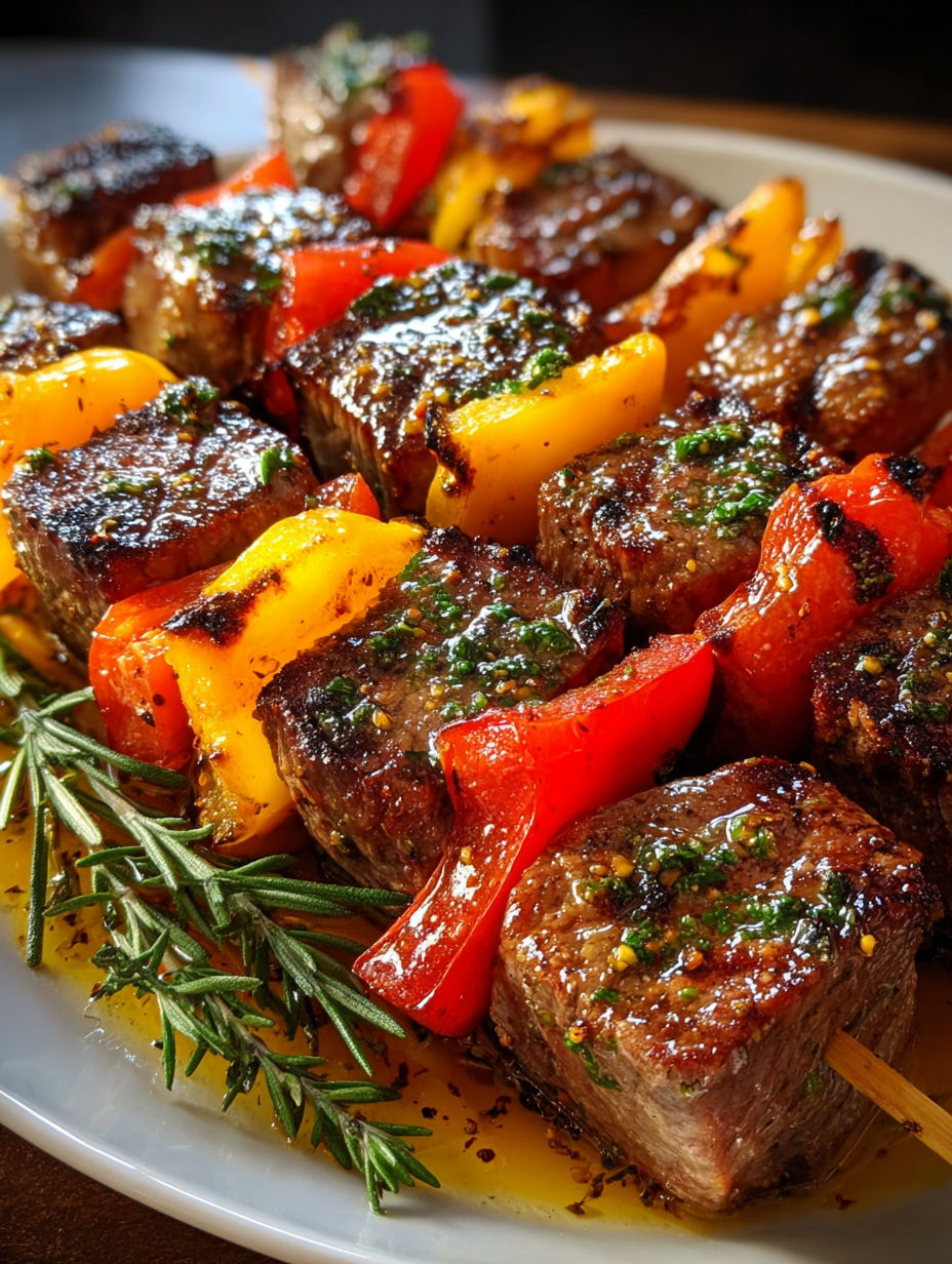 Plateau de brochettes de bœuf et poivrons marinés.
