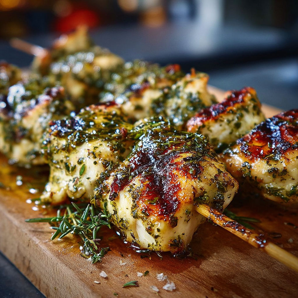 Brochettes de poulet marinées aux herbes méditerranéennes sur une planche.