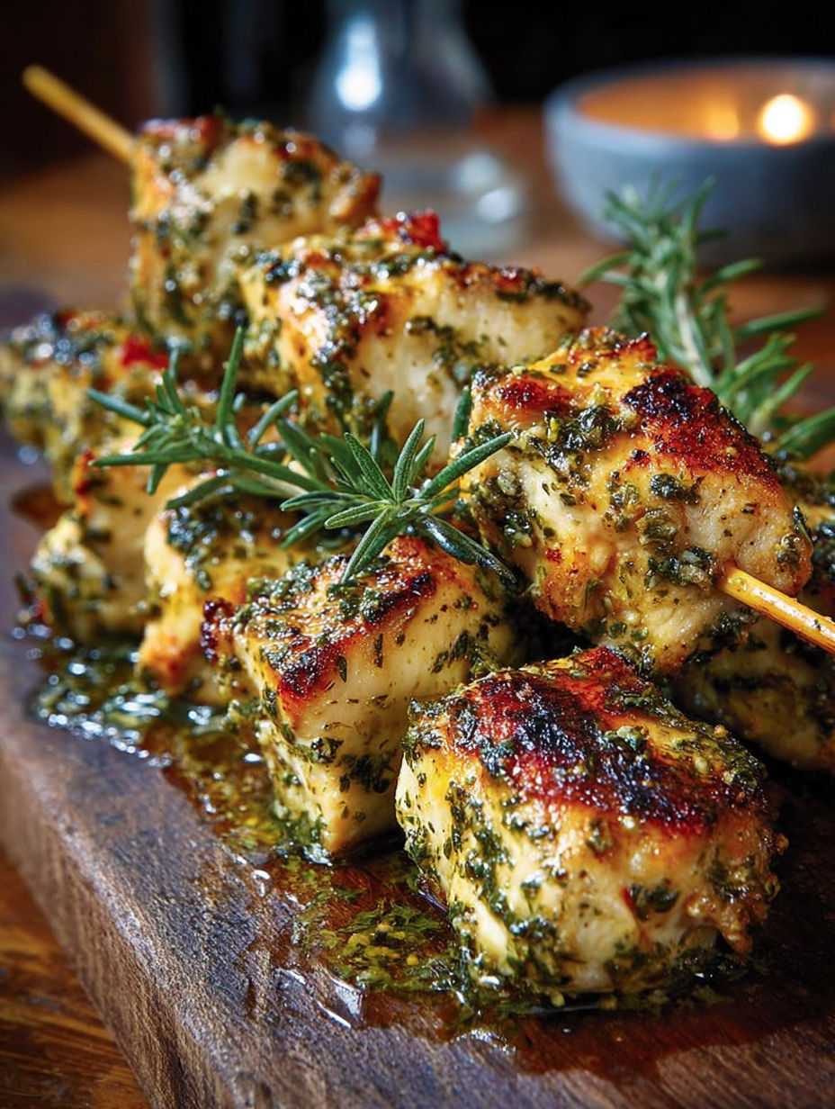 Kebab de poulet aux herbes et épices sur un plateau en bois.