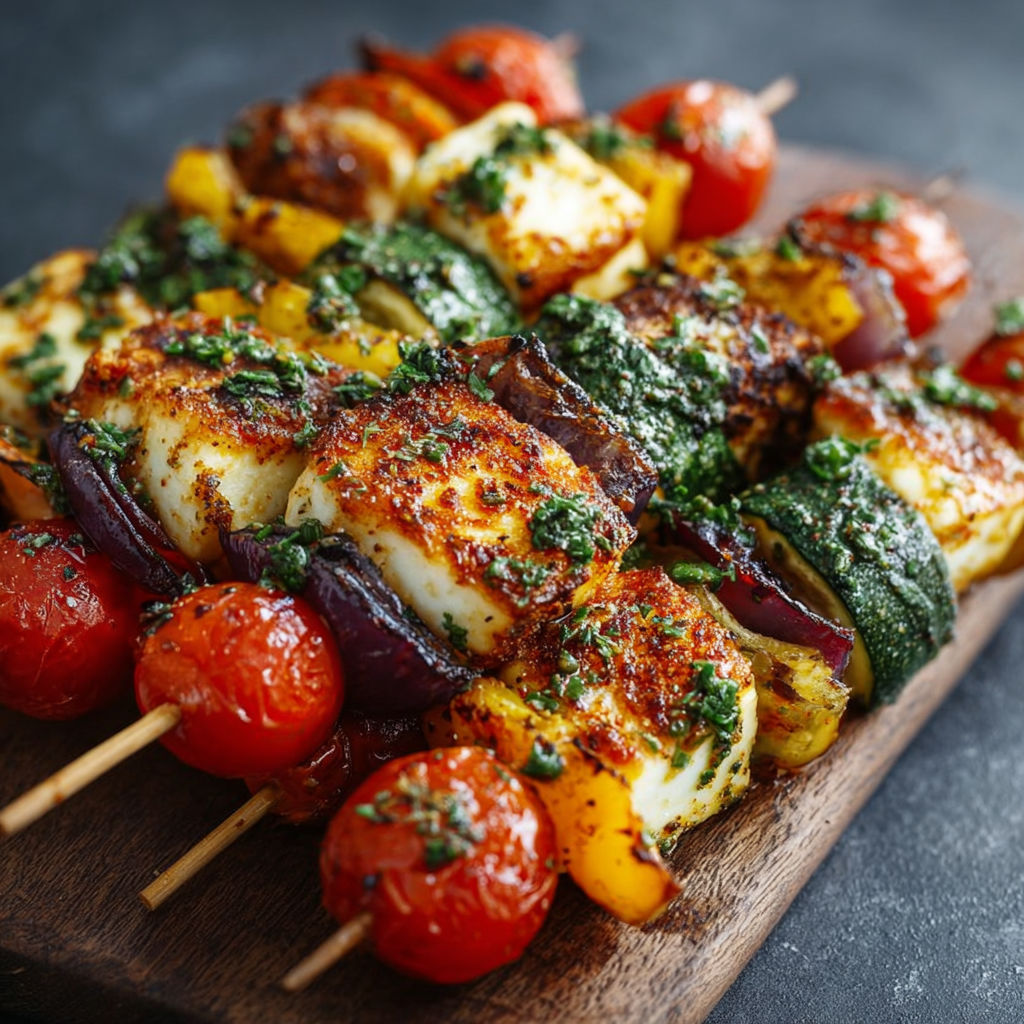 Brochettes de légumes et halloumi grillées.
