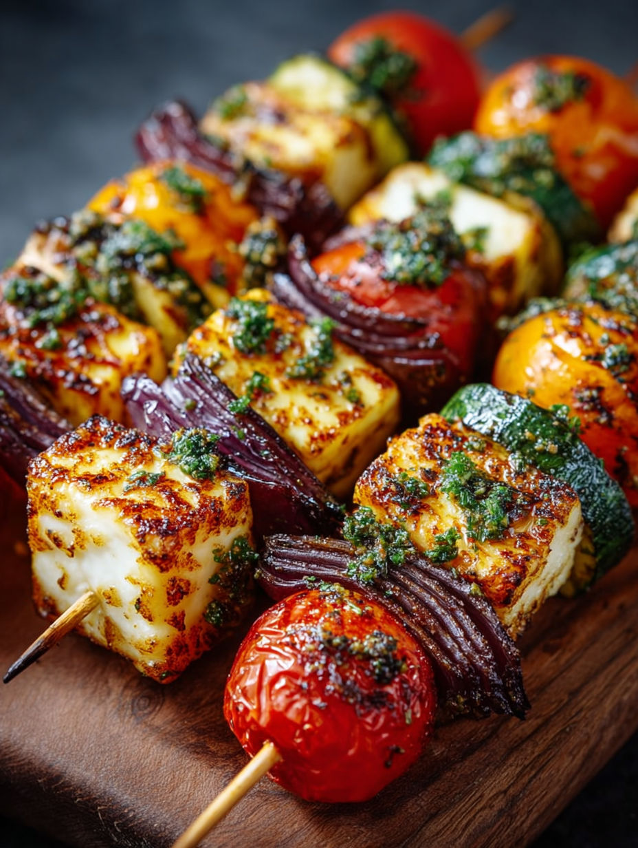 Brochettes de légumes grillés avec tomates, poivrons et courgettes.