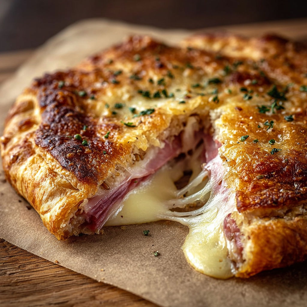 Galette de sarrasin au jambon et fromage fondu, dorée à la poêle.