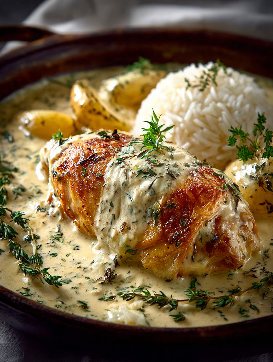 Détail de la sauce suprême sur les morceaux de poule fondants.
