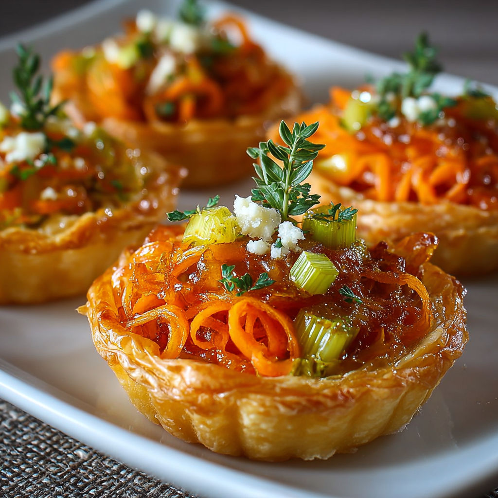 Mini tatins individuelles de carottes et poireaux avec feta émiettée.