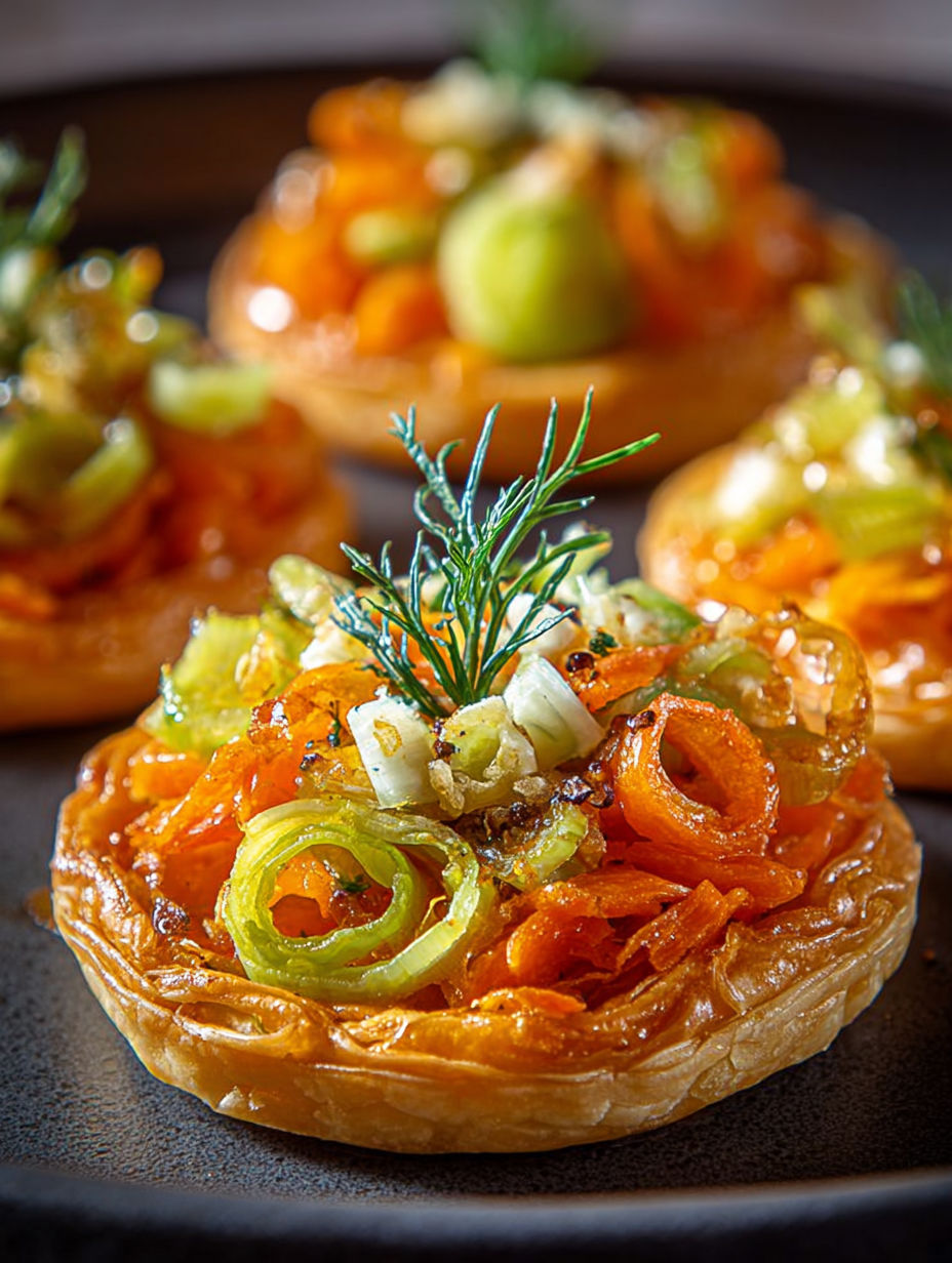 Gros plan sur une tatin salée croustillante aux légumes caramélisés.