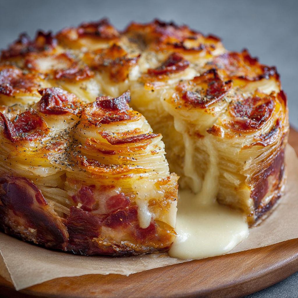 Un gâteau de pomme de terre reblochon est présenté sur un plateau.