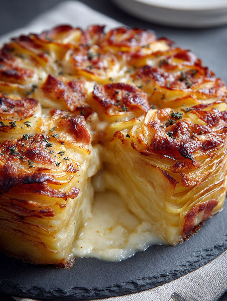 Détail d'une part de gâteau savoyard fondant au reblochon.