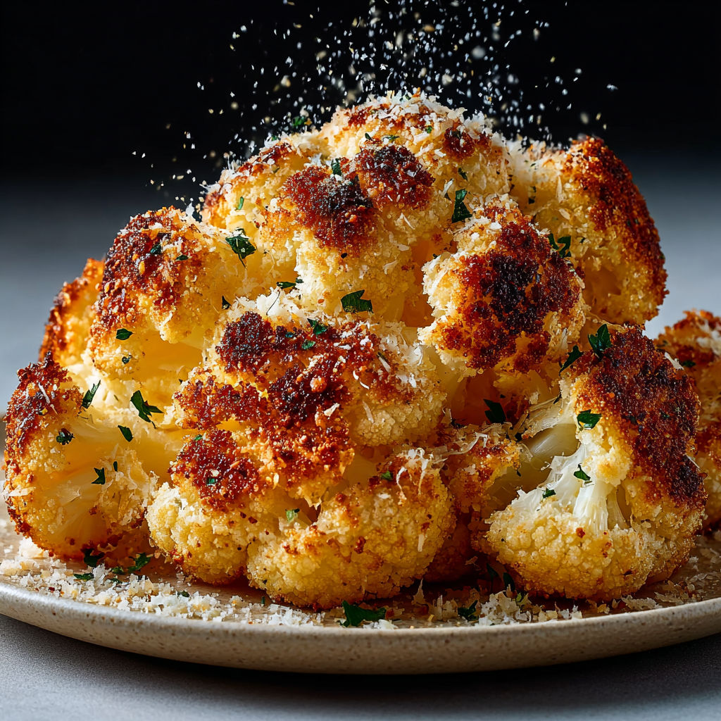 Une pile de chou-fleur rôti au Parmesan sur un plateau.